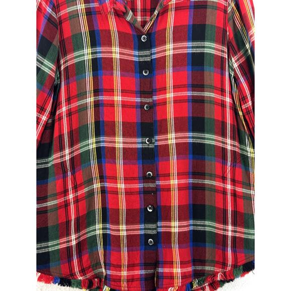 John Mark Size Small Top Shirt Plaid Button Down Frayed Hem Roll Tab Sleeve - Picture 4 of 13